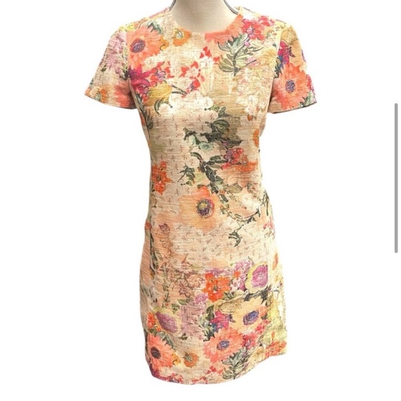 Tory Burch Cream/Peach Multi Kaley Floral Tweed Crew Neck Short Sleeve Dress (2) - Picture 4 of 13